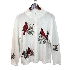 Tiara International Christmas Collection Cream Sweater Zipper Cardigan Sequin L